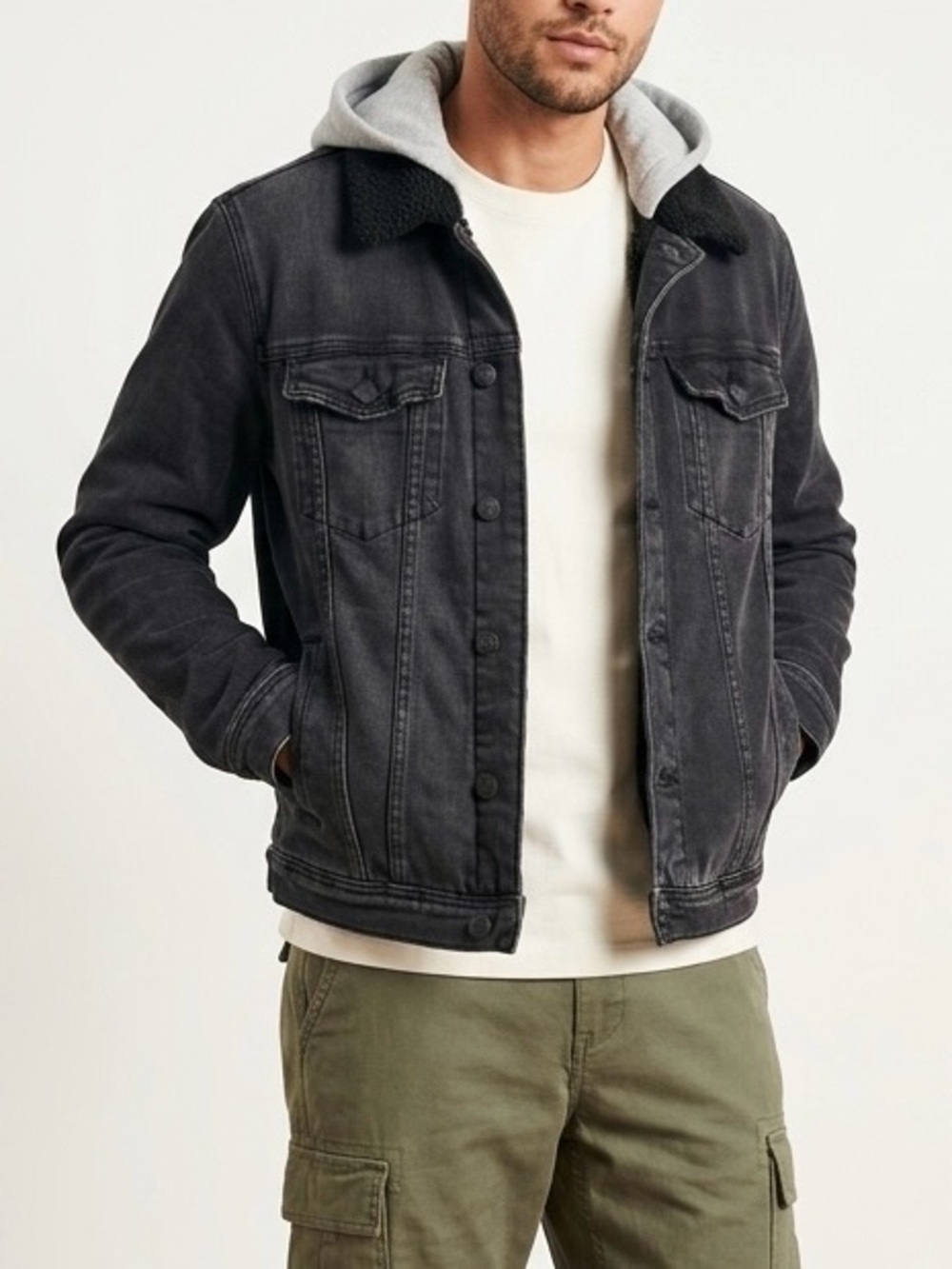 Hollister Black Sherpa Denim Trucker Jacket Men Large L Grunge Streetwear Coat